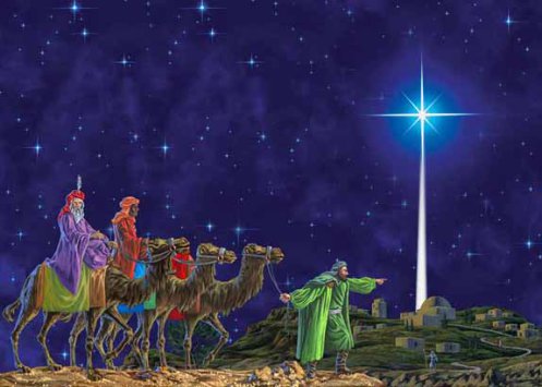 Tres Reyes Magos guiados por la Estrella de Belen